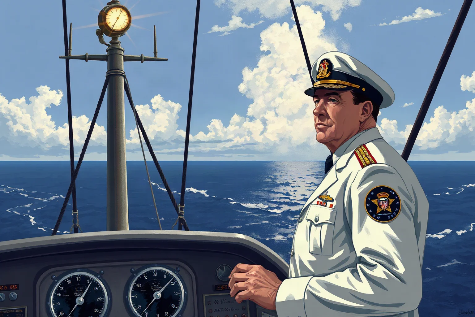 A WWII U.S. Navy fleet admiral on a ship's bridge overlooking the Pacific, illustrative editorial art