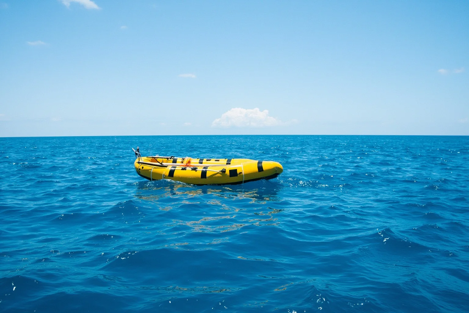 A yellow inflatable life raft floating alone on the open Pacific Ocean under a bright sky