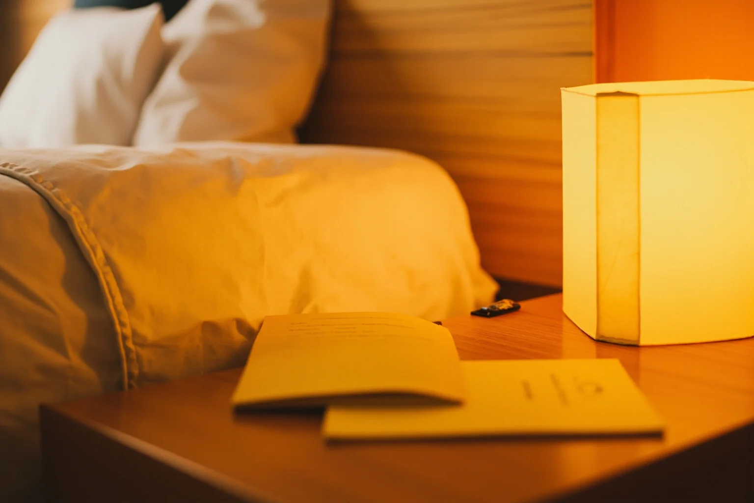 A yellow paperback novel resting on a nightstand beside a softly glowing lamp