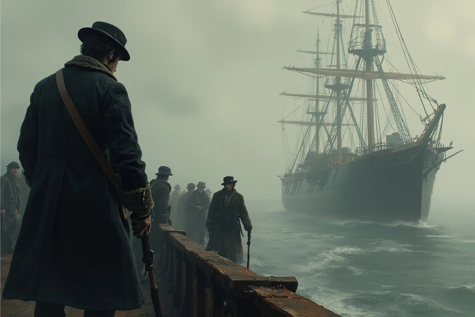 A young 1860s courier in a traveling coat boarding a ship at a foggy harbor, illustrative historical sketch