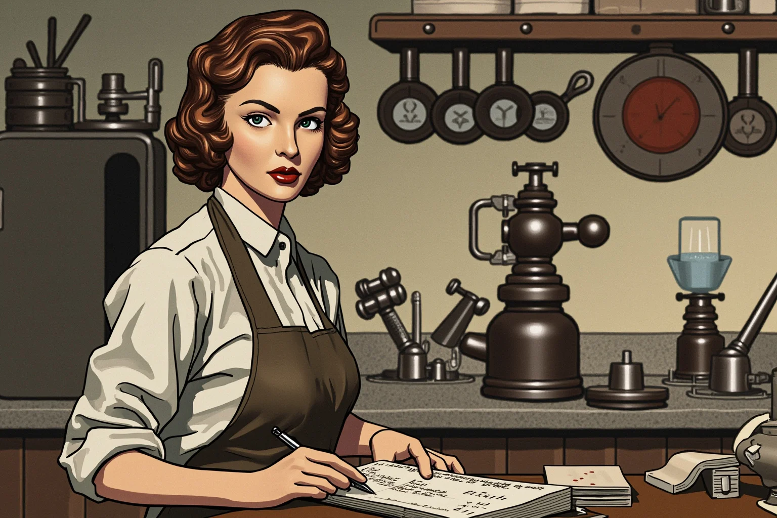 A young 1940s woman in a wartime kitchen surrounded by scientific equipment and notebooks, illustrated style