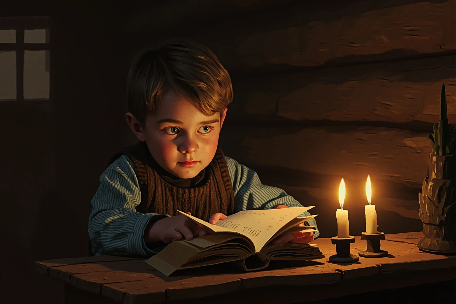 Great Leaders Who Rose From Obscurity 13 A young Abraham-Lincoln-era boy reading a book by candlelight inside a small log cabin, illustration style