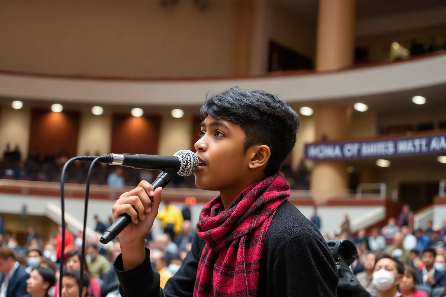 A young activist speaking sternly into a microphone at a large international assembly hall