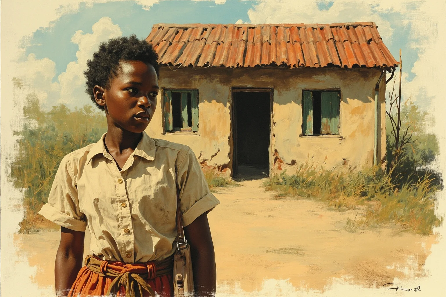 Great Leaders Who Rose From Obscurity 22 A young African teacher standing before a small rural schoolhouse, mid-20th-century setting, illustration style