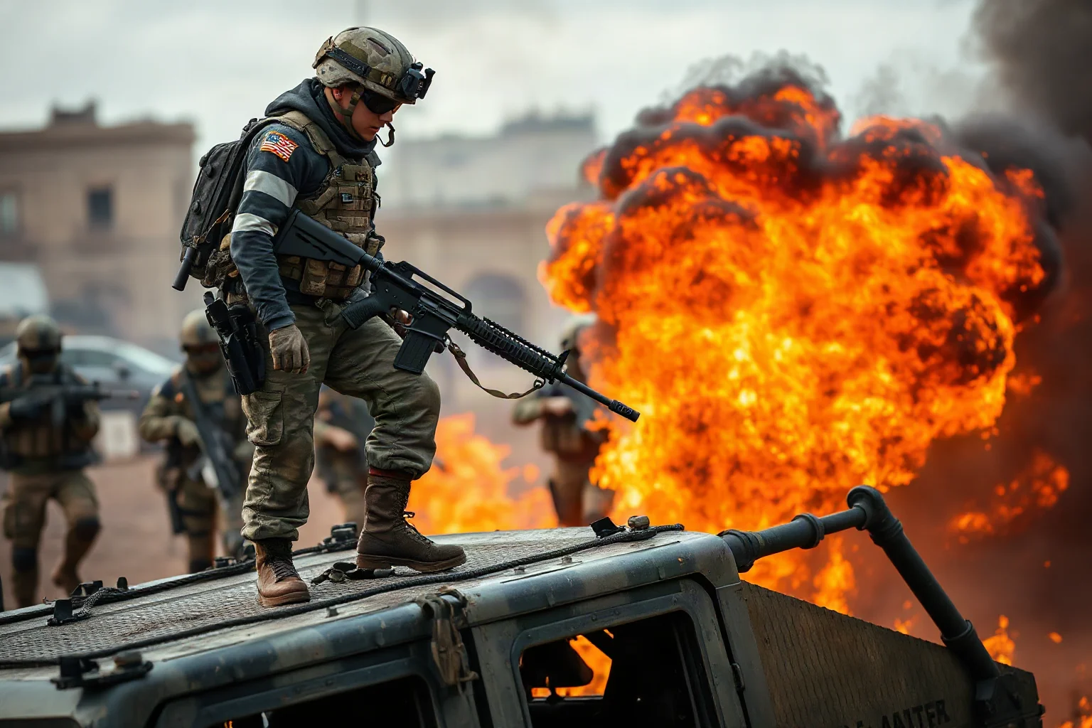 A young American soldier standing on a burning military vehicle, holding a machine gun to defend against advancing forces