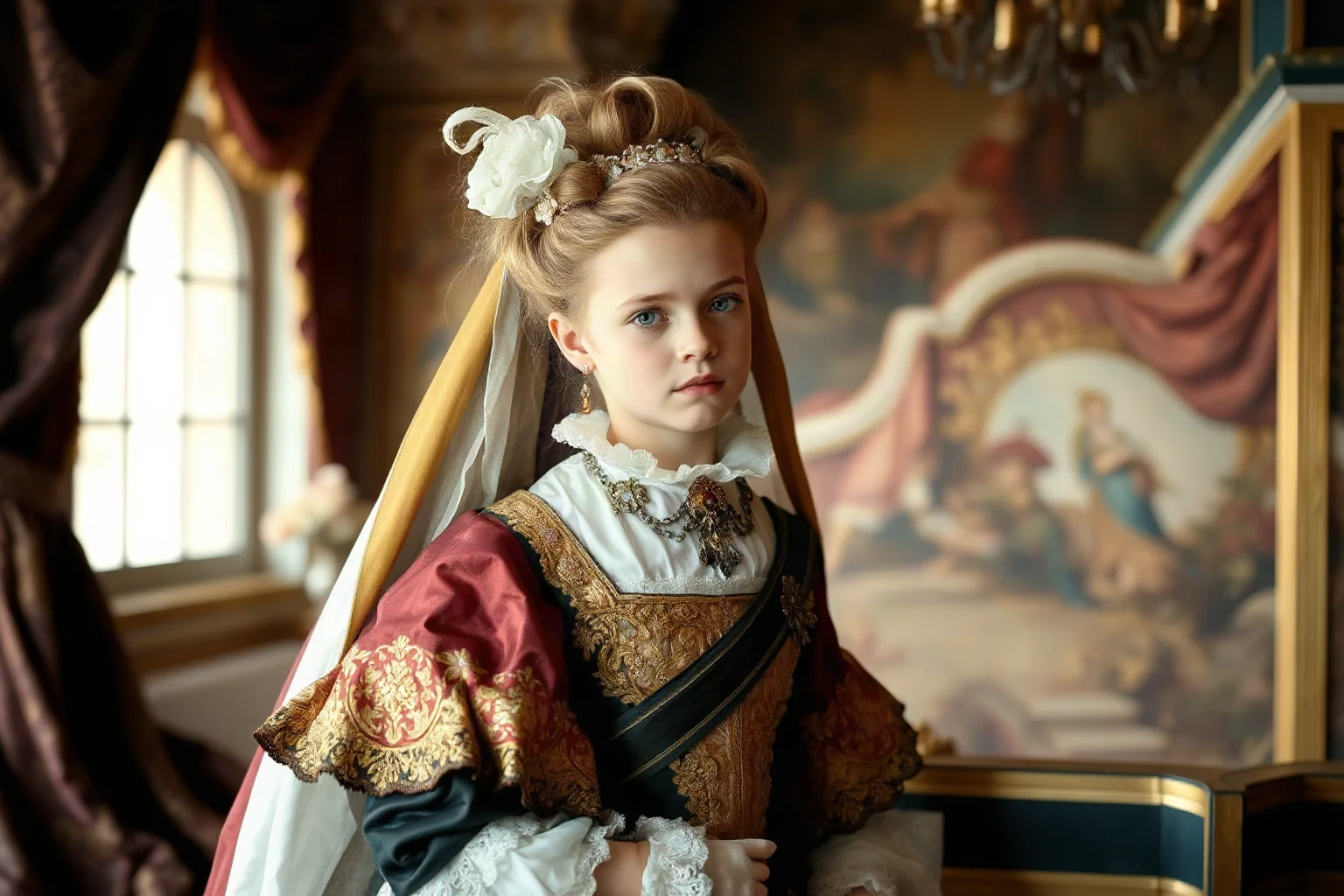 A young archduchess in an ornate 18th-century gown preparing to depart for a foreign court