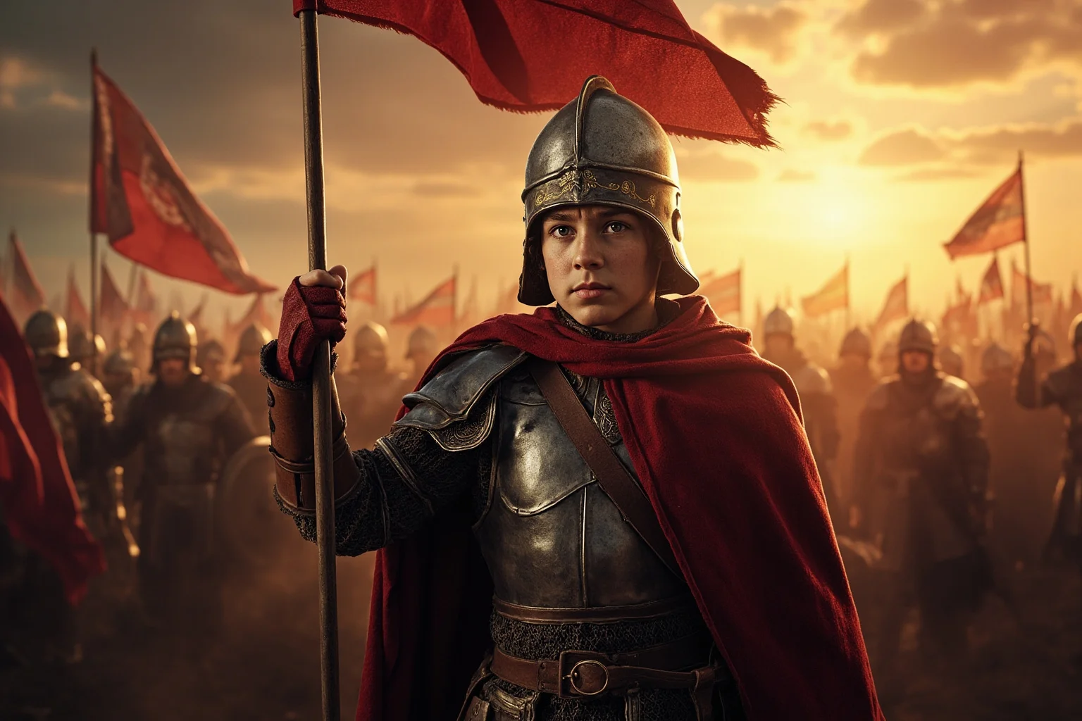 Most Interesting People in History: 22 Figures Who Shaped the World 7 A young armored teenage warrior holding a banner before a medieval French army at dawn, painted historical style