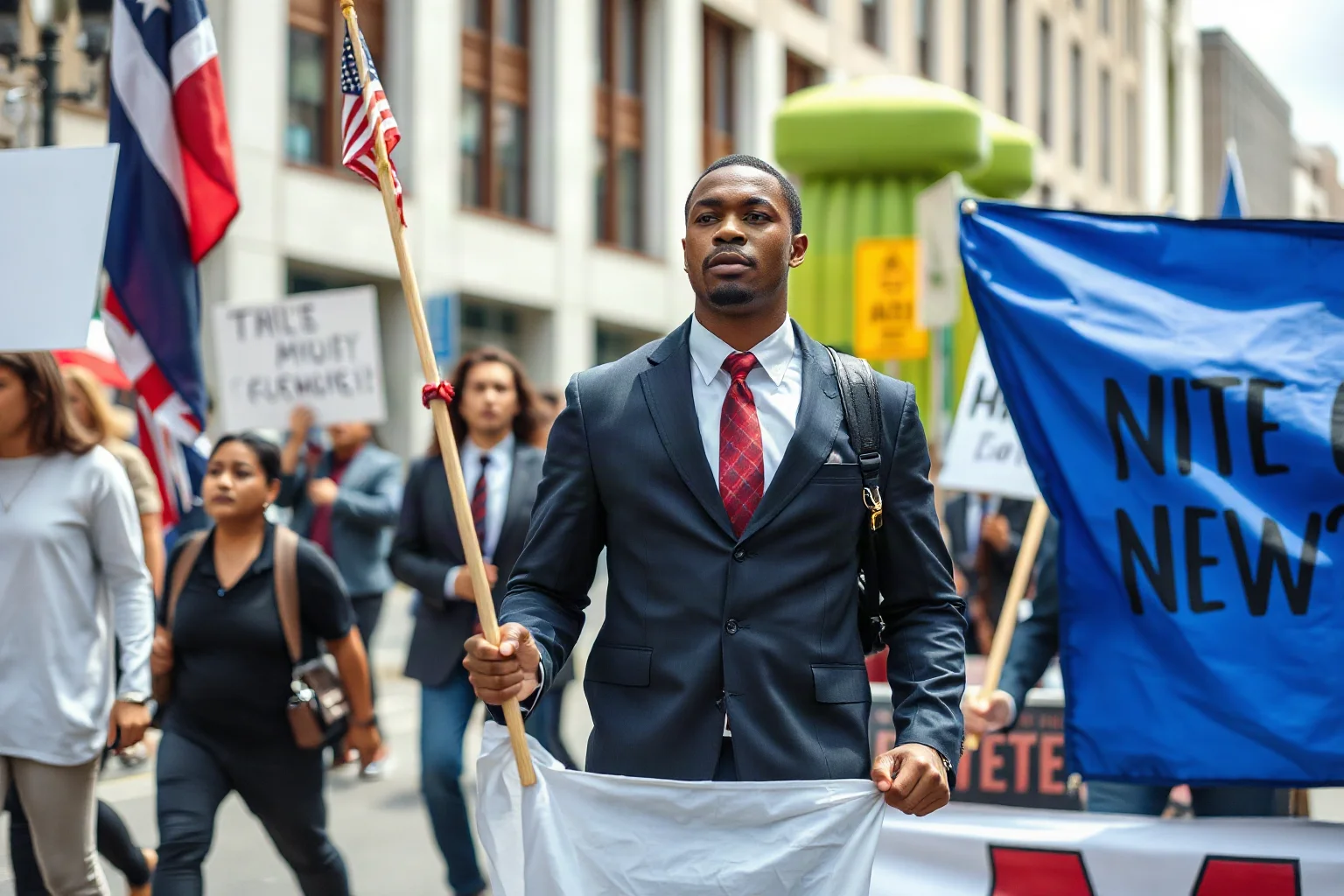 A young Black man in a suit and tie standing bravely at the front of a protest march holding a banner