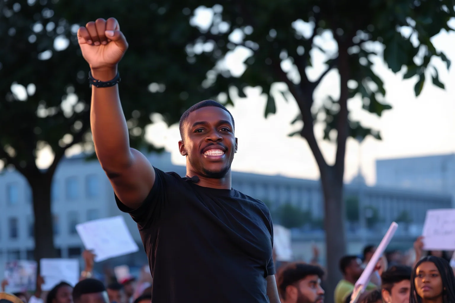 A young Black man with a raised fist addressing a large outdoor crowd at dusk