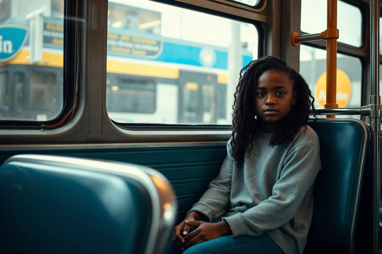 A young Black teenage girl sitting quietly and resolutely in a vintage city bus seat