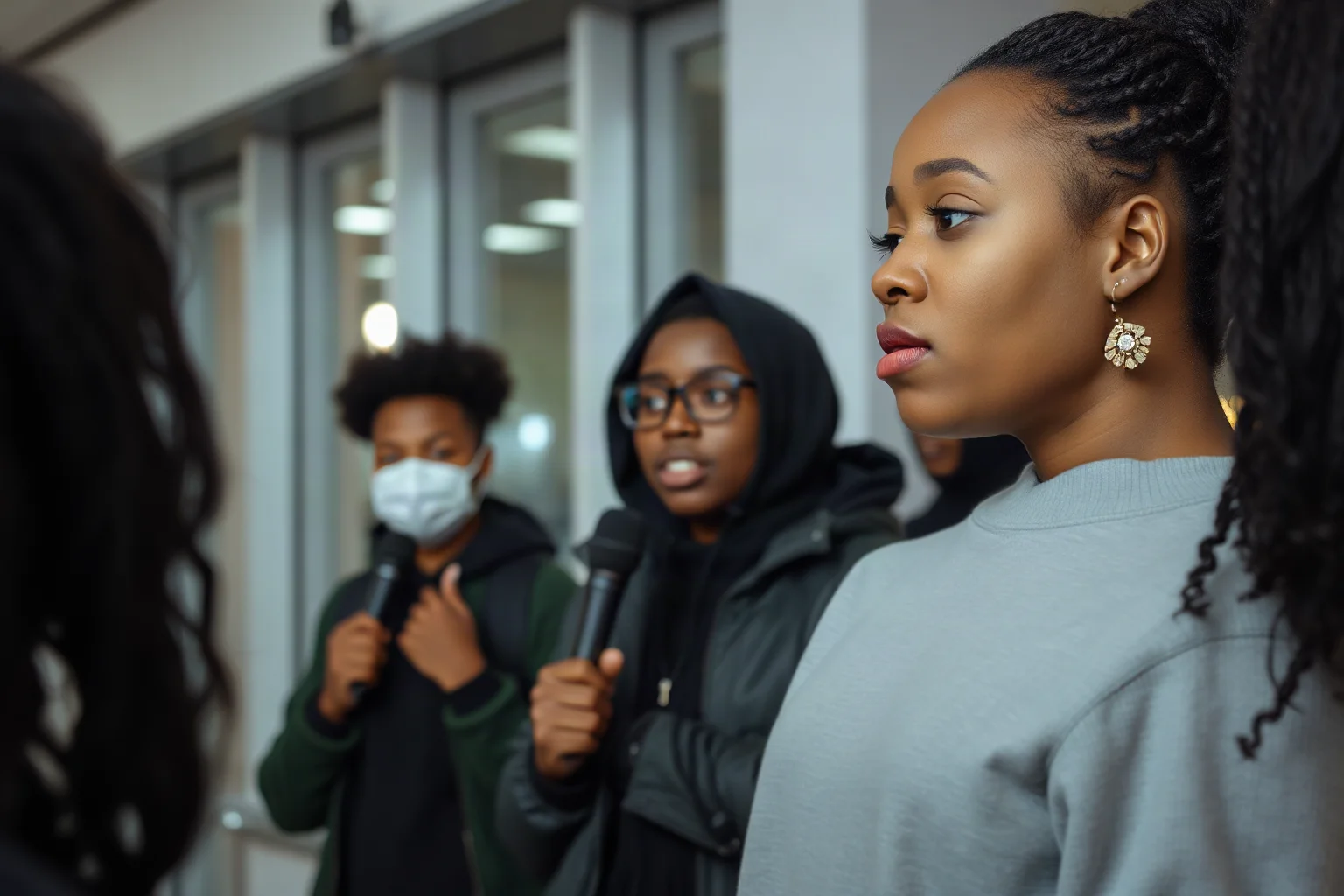 A young Black woman activist calmly addressing a group of student protesters indoors