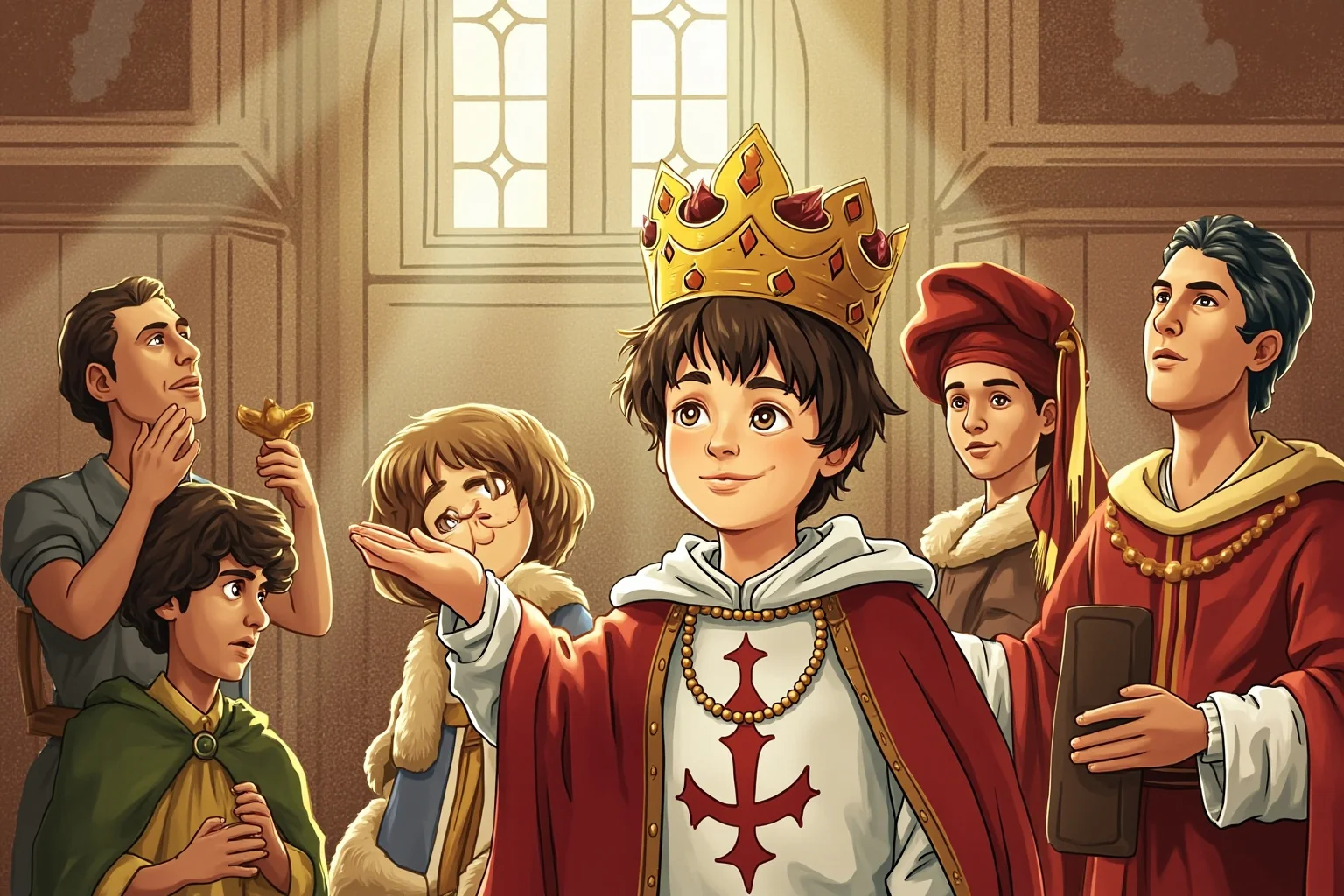 A young boy in medieval royal robes being crowned in a cathedral, illustrated in a historical storybook style
