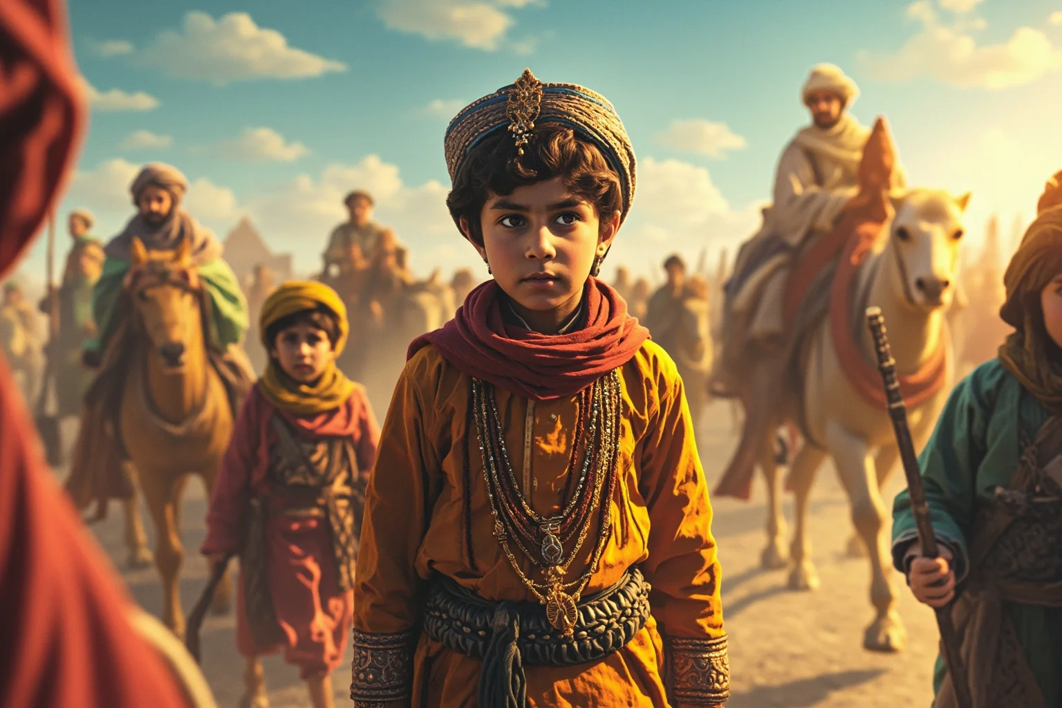 Great Leaders Who Rose From Obscurity 8 A young boy in ornate Mughal-era clothing standing amid a caravan of refugees, illustration style