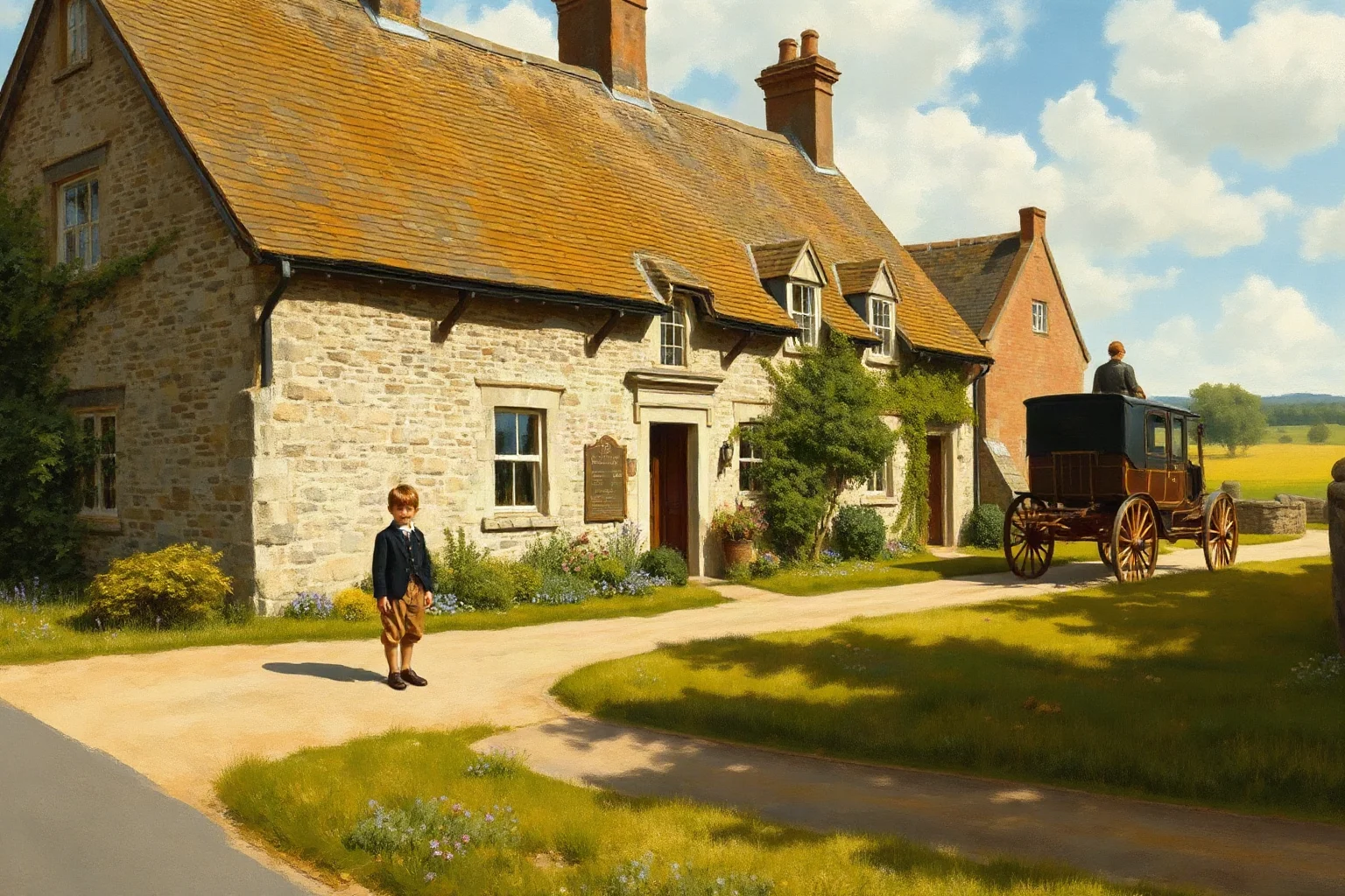 A young boy standing alone outside a stone farmhouse in rural England as a carriage departs in the background, historical painting style
