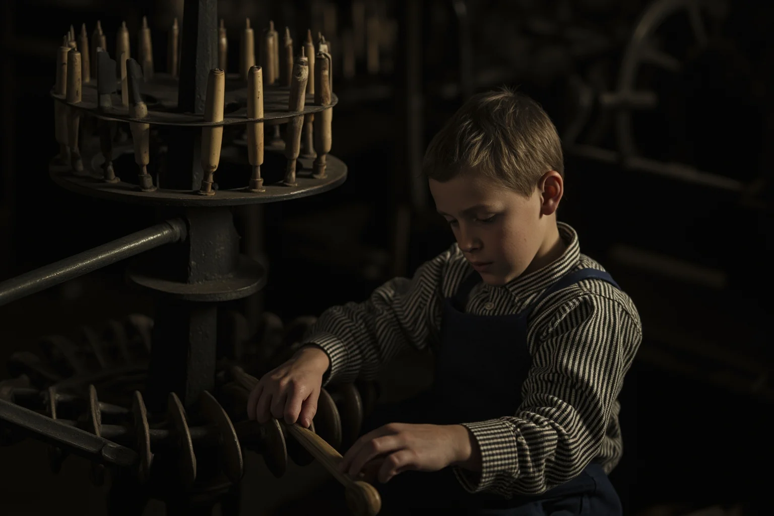 A young boy working among spinning bobbins in a dim 19th-century textile mill, illustrating industrial-era child labor