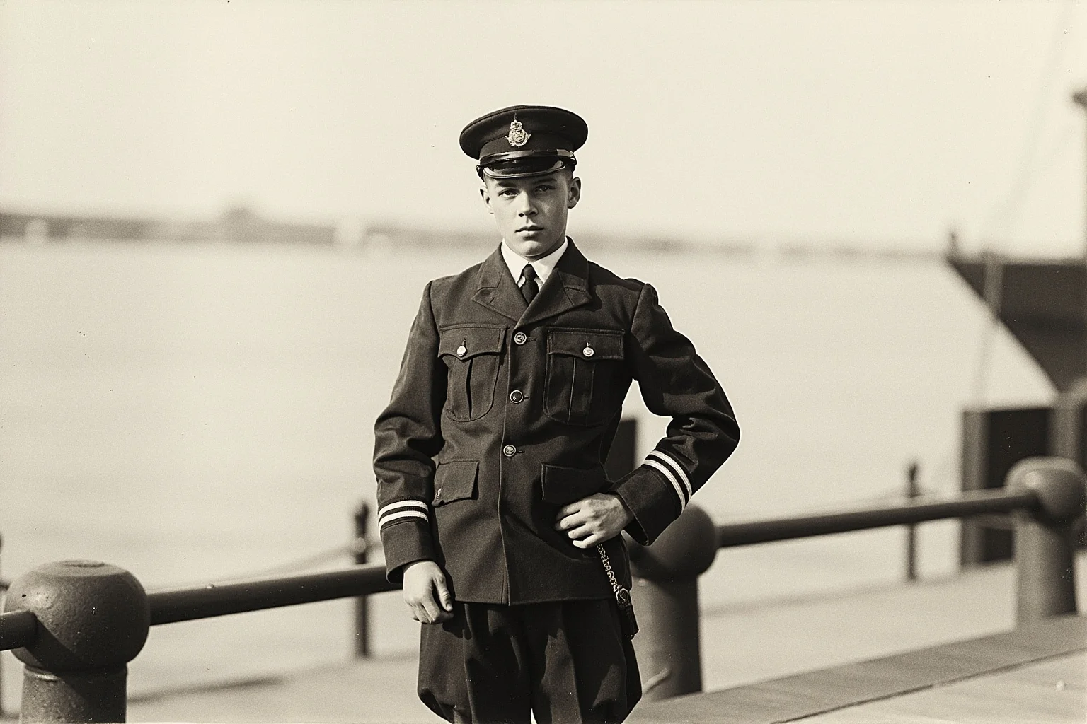 The Mad Baron Who Conquered Mongolia: The Bloody Life of Roman von Ungern-Sternberg 4 A young cadet in early 1900s naval training uniform standing on a dockside, illustrative historical style