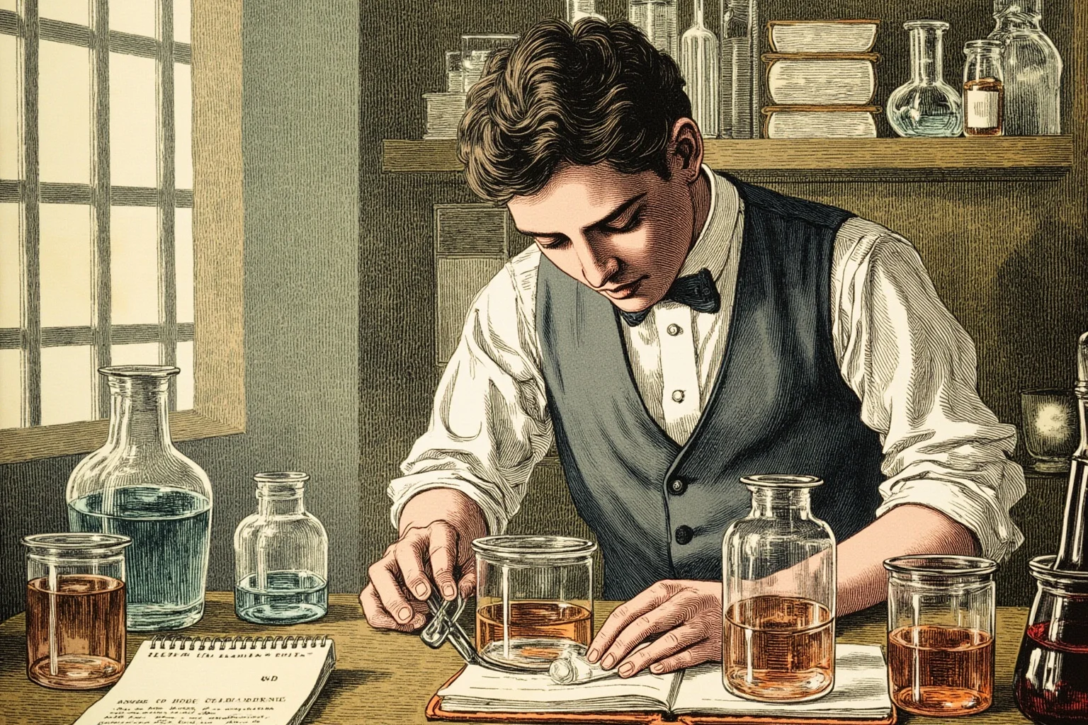 A young chemist working carefully with glass vials in an early 20th-century laboratory, historical illustration