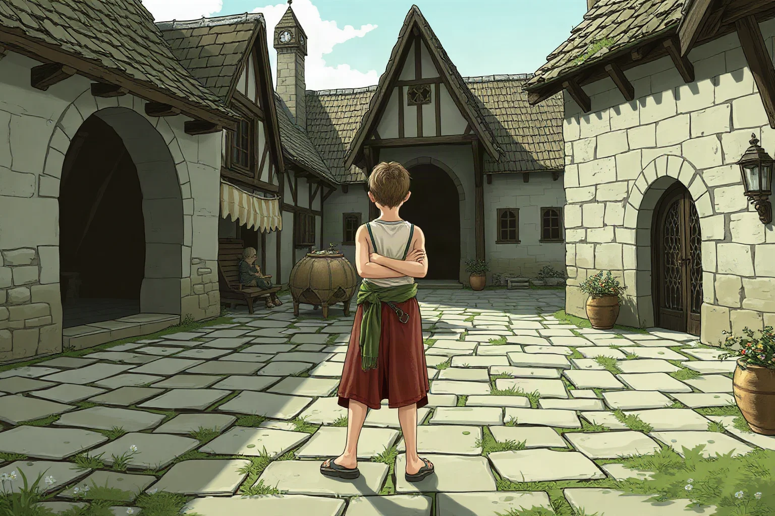 A young child figure standing in a medieval village courtyard, illustrative style, faint green tint fading into normal skin tone