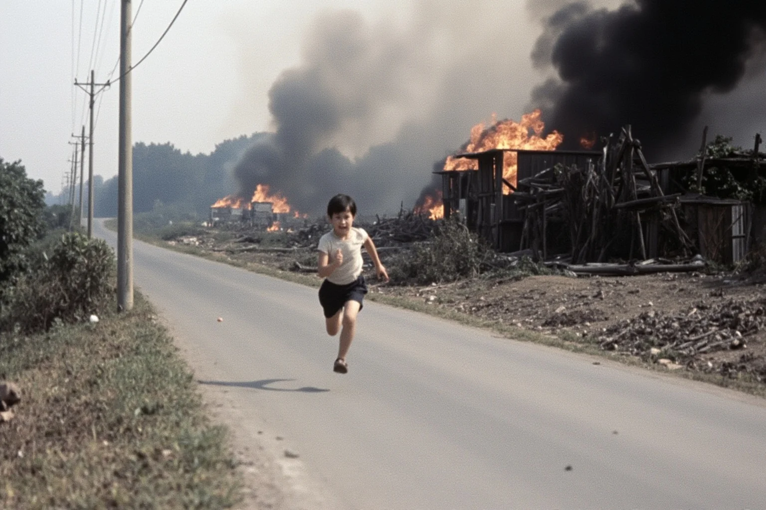 A young child fleeing from a napalm attack, running down a rural road with smoke and devastation in background, Vietnam War era
