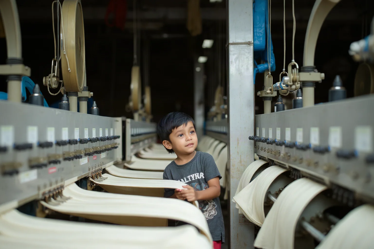 A young child working among large textile machines in a dim factory