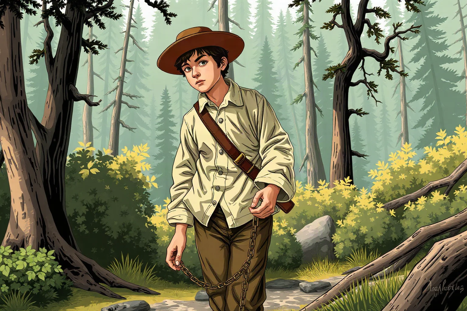 A young colonial surveyor with a measuring chain and compass standing in a forested frontier landscape, historical illustration
