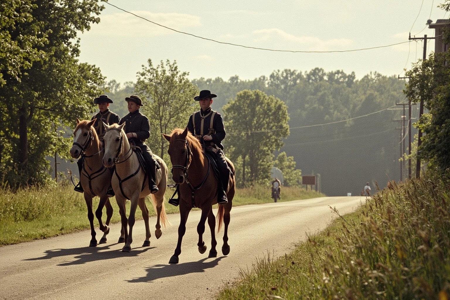 A young Confederate soldier on horseback leading two other riders along a quiet Virginia lane