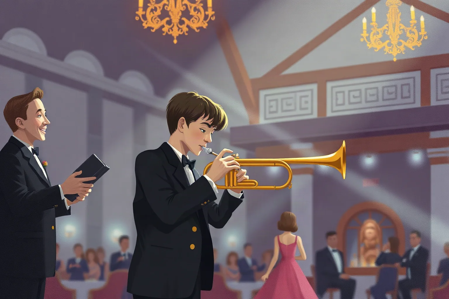 A young cornet player performing solo in a 1920s dance hall, soft nostalgic illustration style
