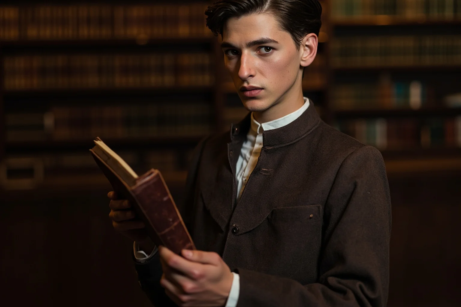 Historical Figures Who Boarded the Titanic — And 10 Who Didn't Survive 19 A young Edwardian man in a tailored suit holding an old leather-bound book near a ship's library shelves