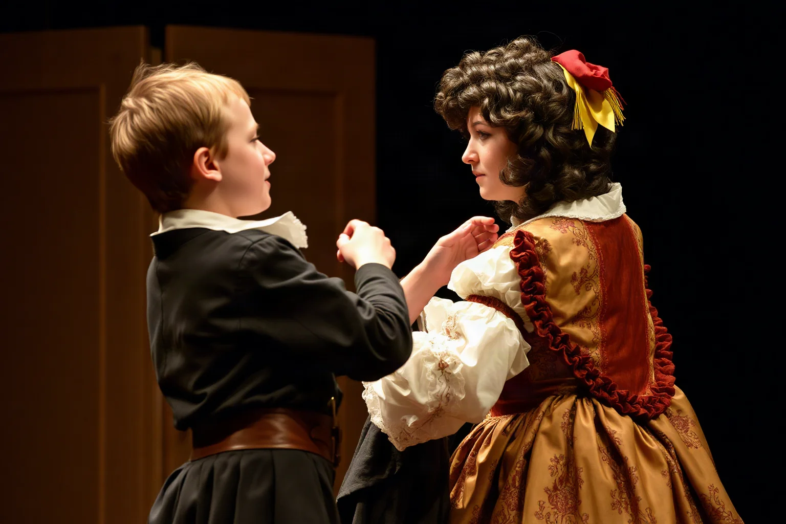 A young Elizabethan-era boy actor backstage adjusting an elaborate woman's costume and wig
