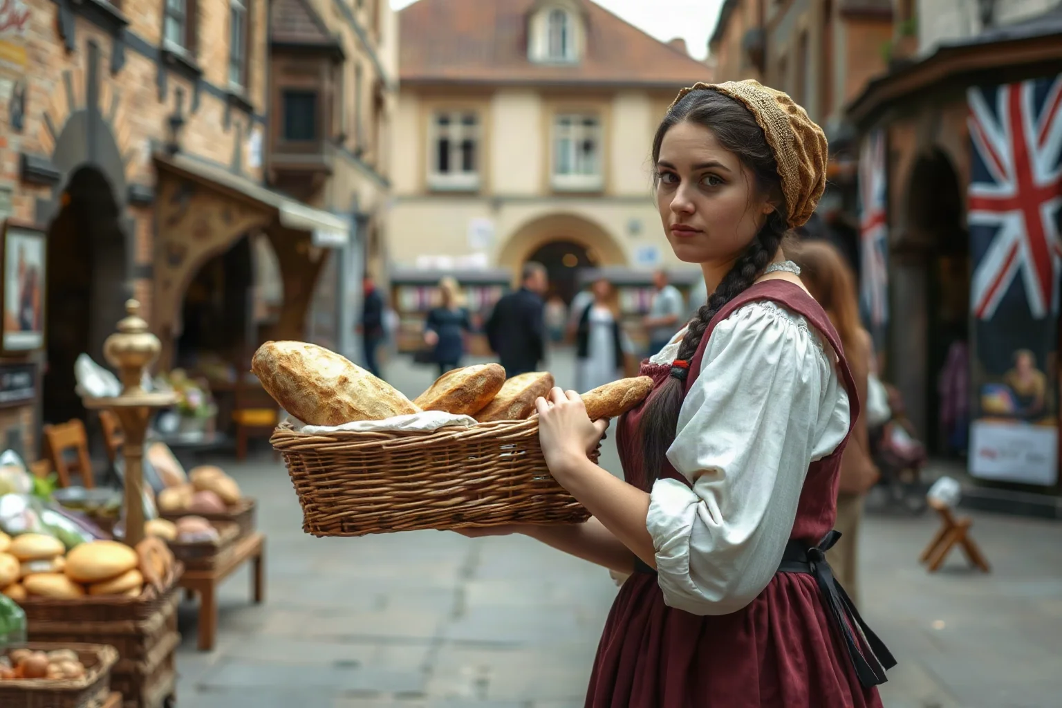 A young Elizabethan woman in a market square carrying a basket of bread, representing the old word 'Wench'