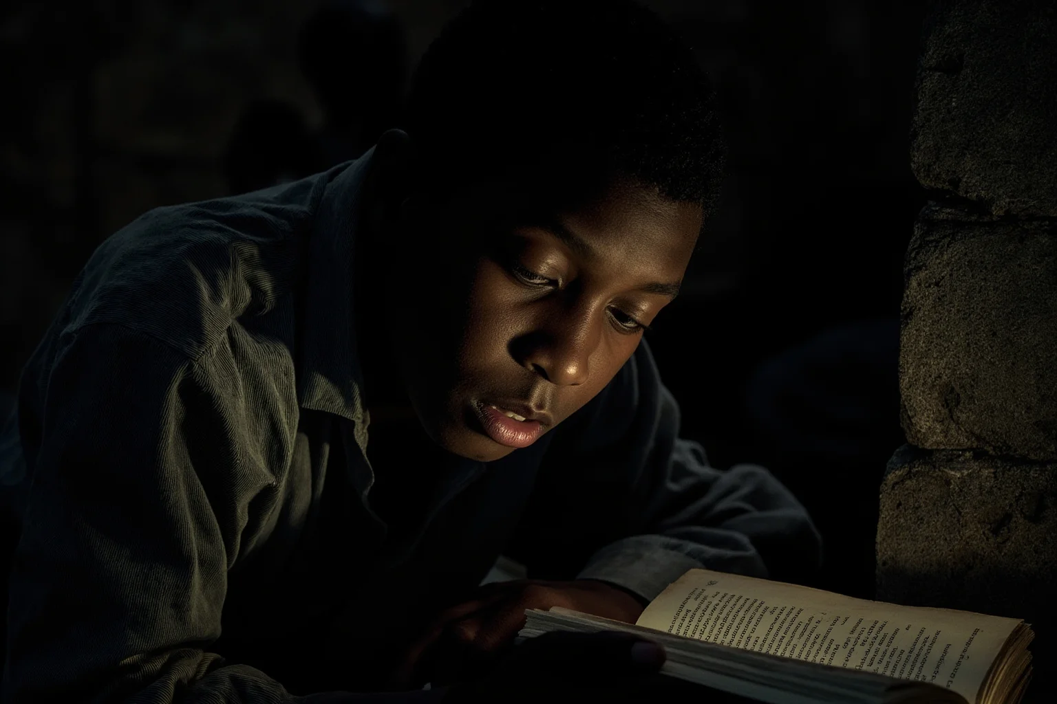 Great Leaders Who Rose From Obscurity 15 A young enslaved man reading a hidden book in secret at night, respectful historical illustration style