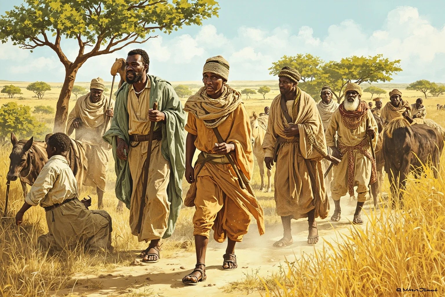Great Leaders Who Rose From Obscurity 7 A young exiled West African prince walking through a savanna village with elders, historical illustration style