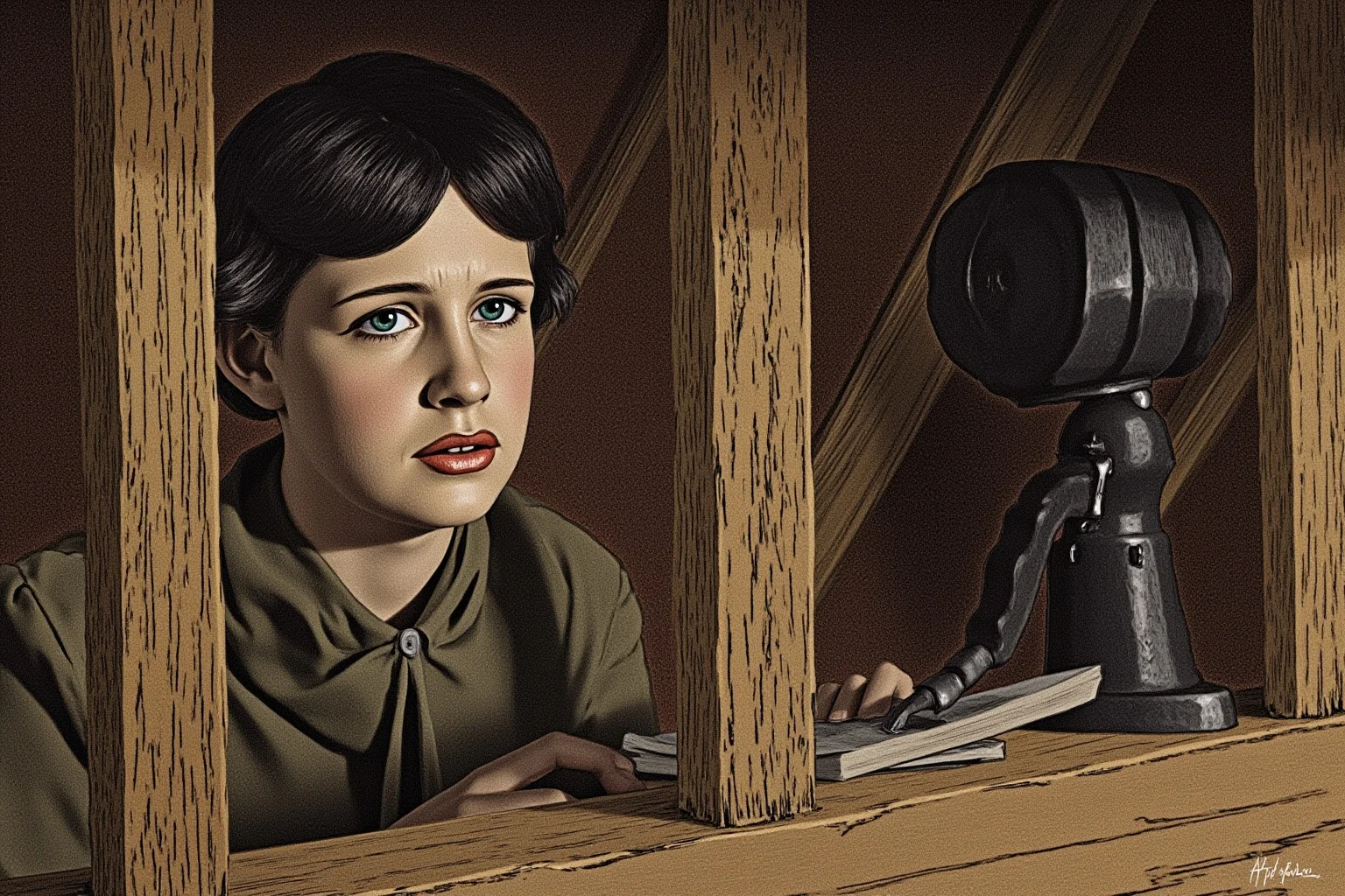 A young female wartime radio operator transmitting a coded message from a hidden attic room, historical illustration