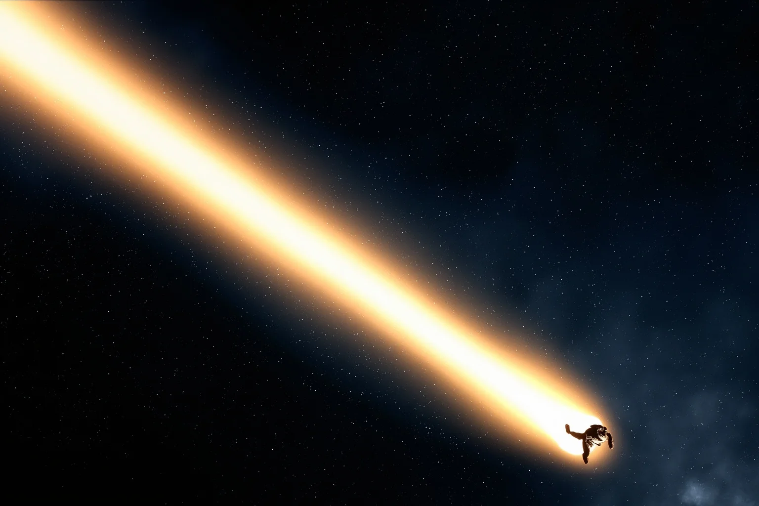 A young figure imagined running alongside a glowing beam of light through a dark starry void