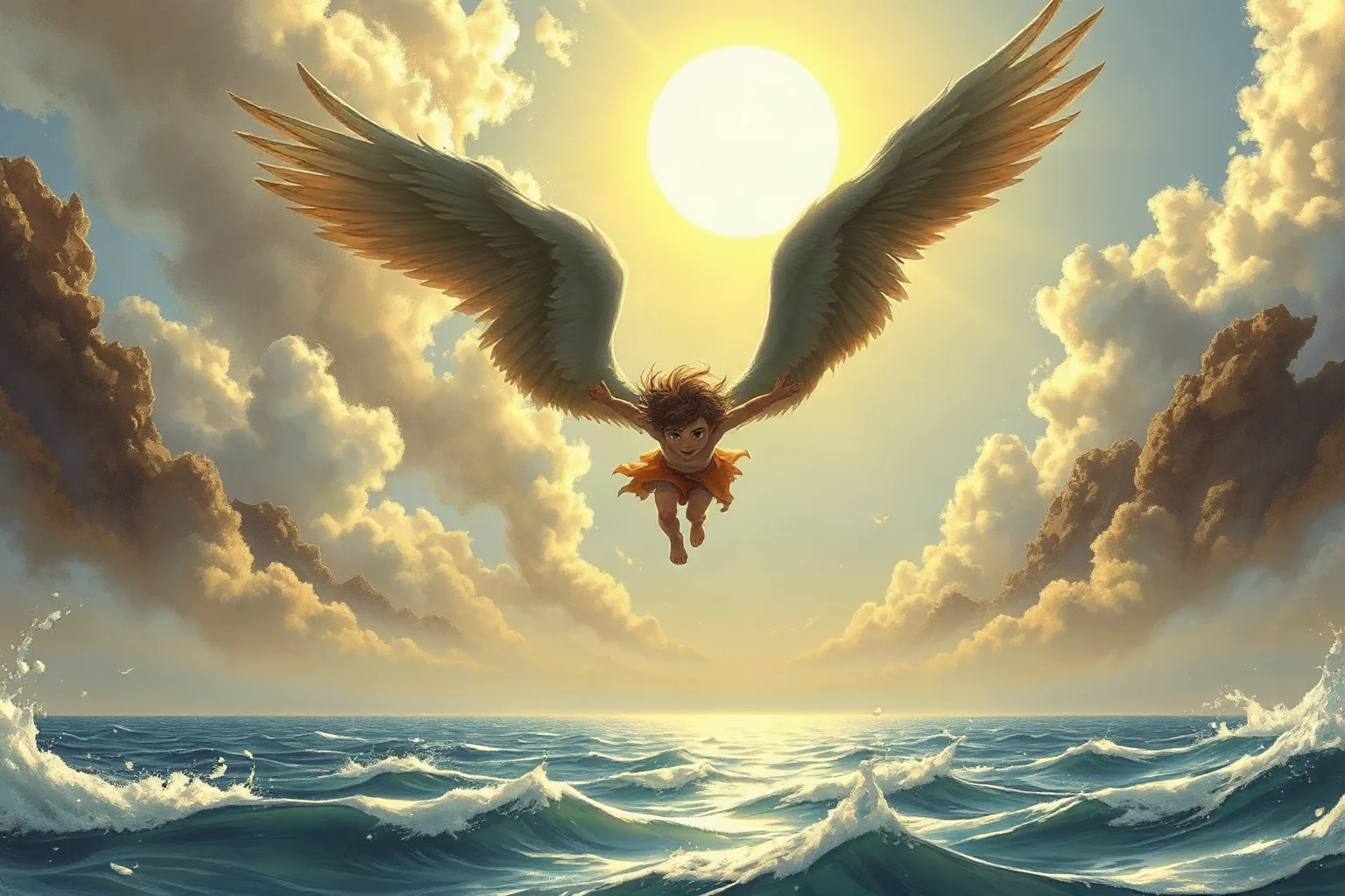 A young figure with feathered wings falling from a bright sky toward the sea, dramatic mythological illustration