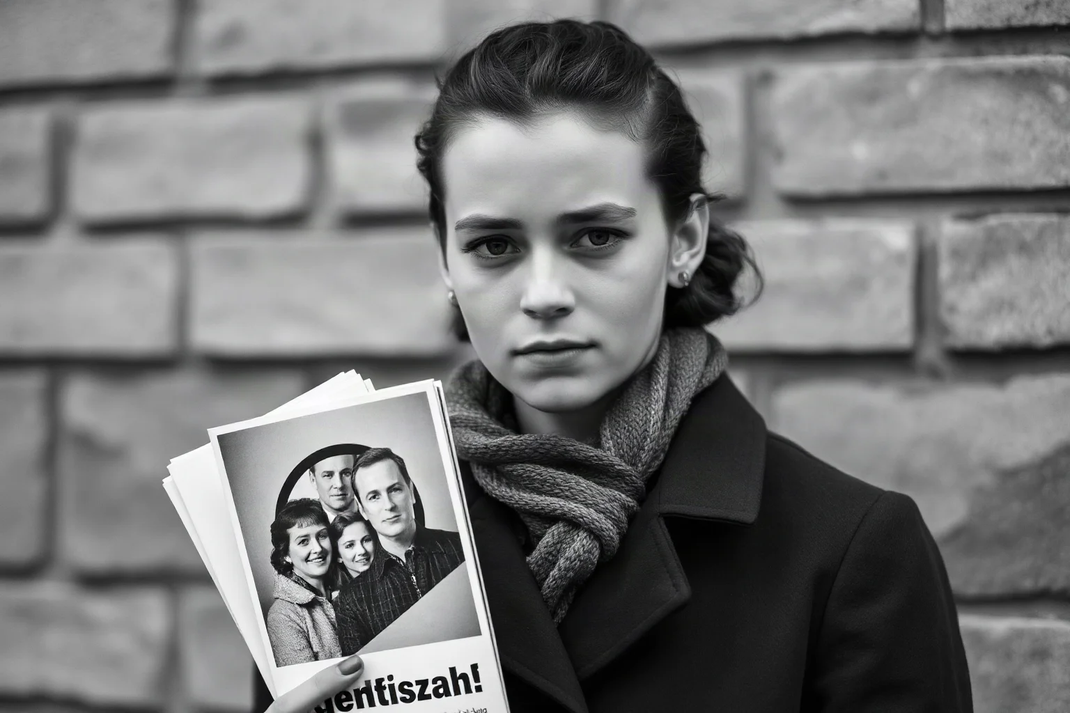 A young German woman with resolute expression holding anti-Nazi leaflets, facing danger for speaking truth