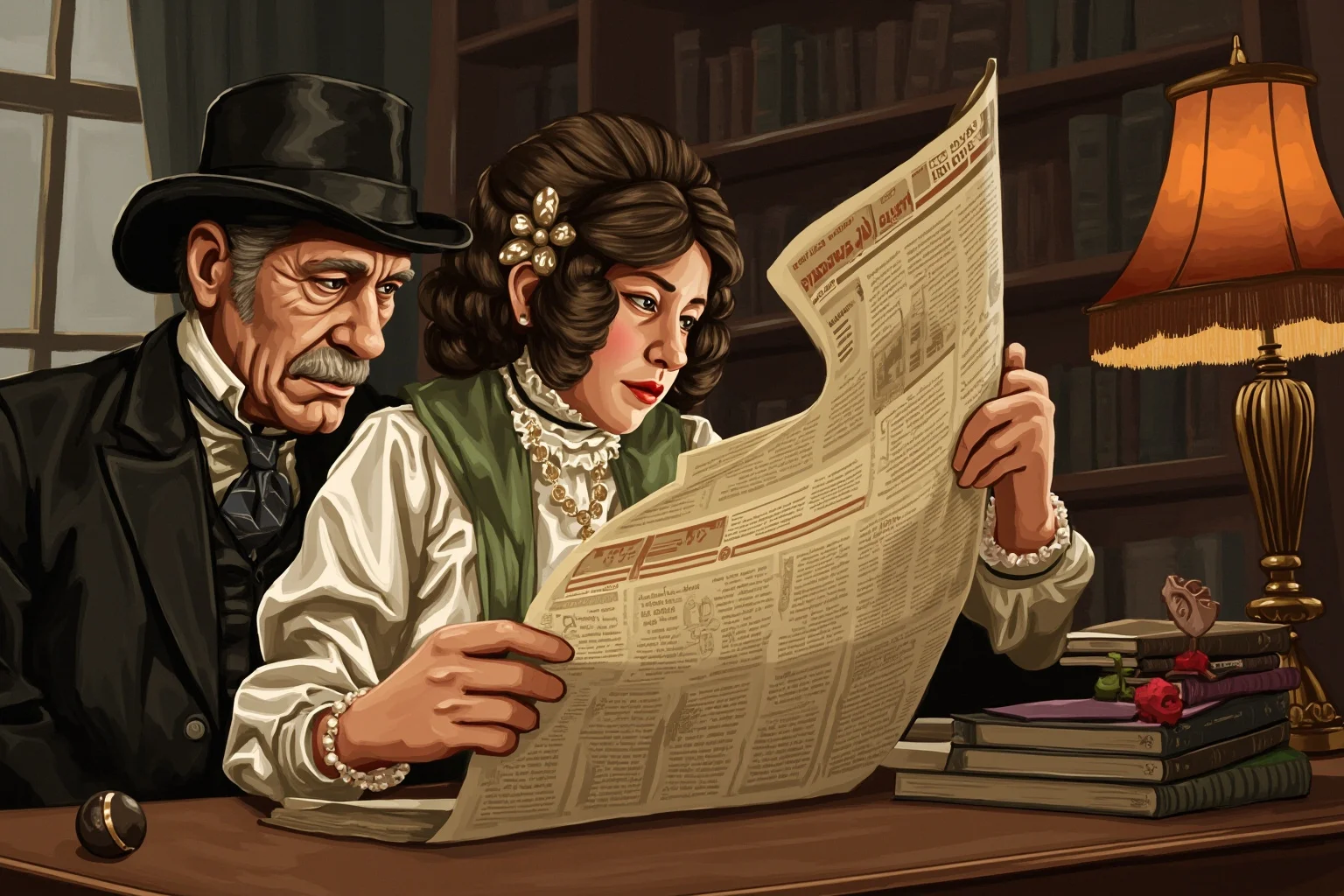23 Facts About Hetty Green, the Billionaire Who Lived Like a Beggar 5 A young girl in Victorian dress reading a large newspaper aloud to an elderly man in a study, warm lamp light, illustration style