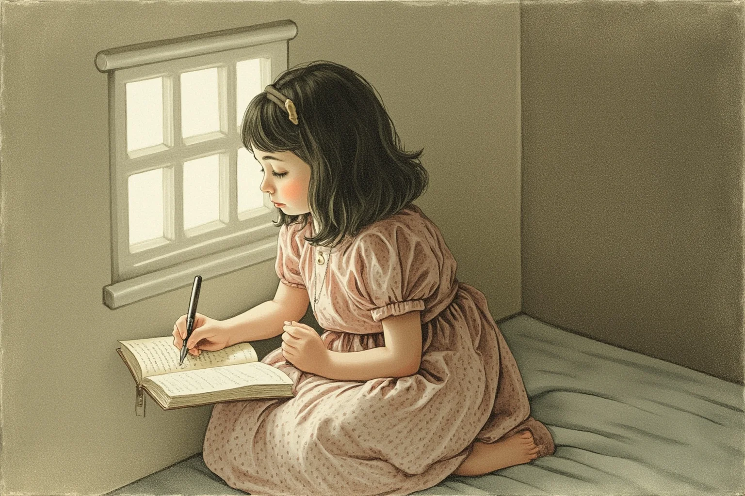 A young girl writing quietly in a diary by a small attic window, soft muted colors, illustration style