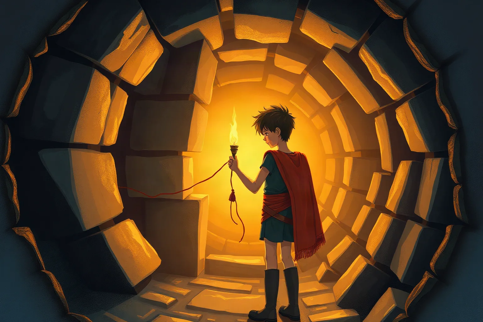A young hero holding a thread inside a torch-lit stone labyrinth, mythological illustration style