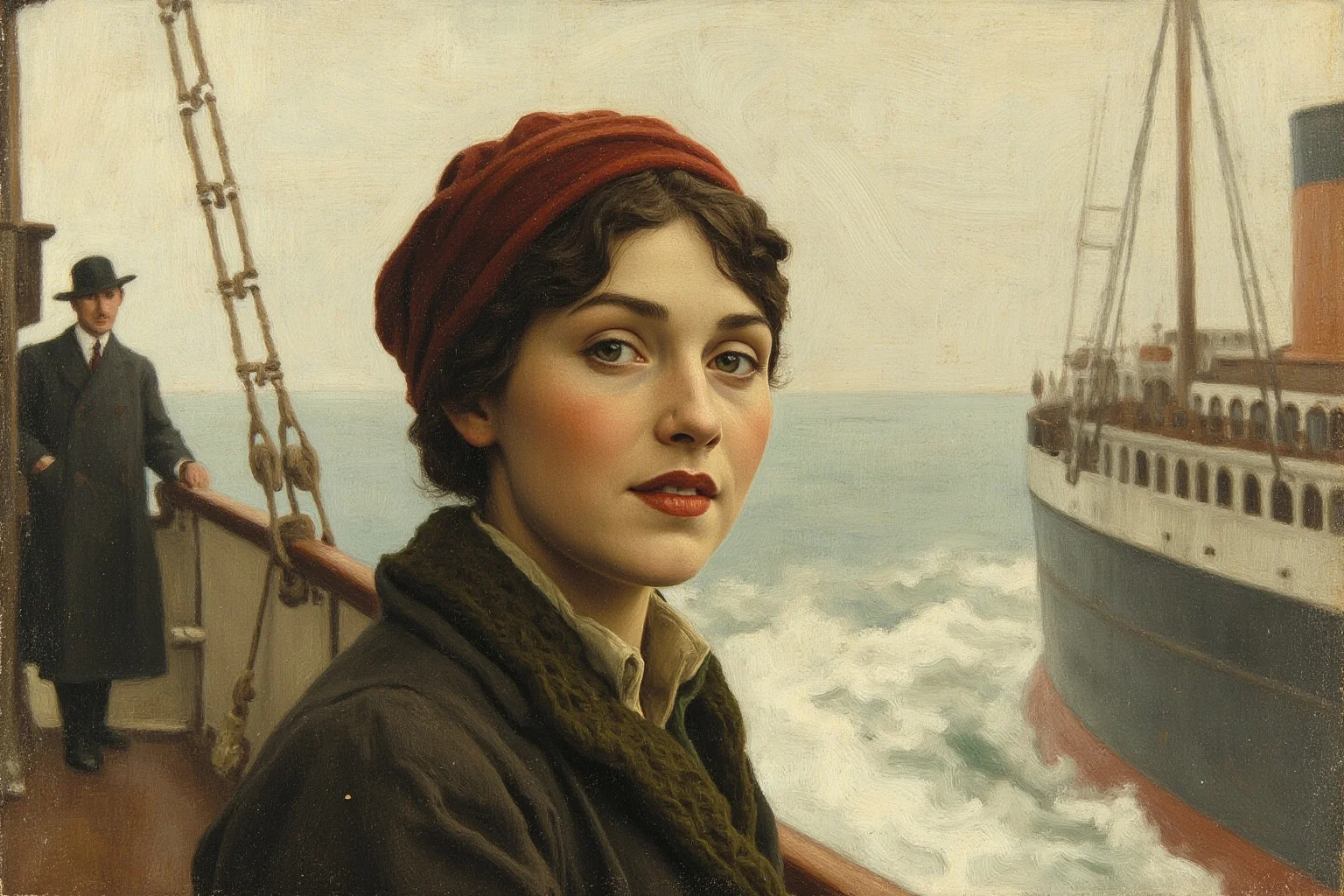 Great Leaders Who Rose From Obscurity 20 A young immigrant woman arriving by ship deck, early 1900s clothing, hopeful expression, illustration style