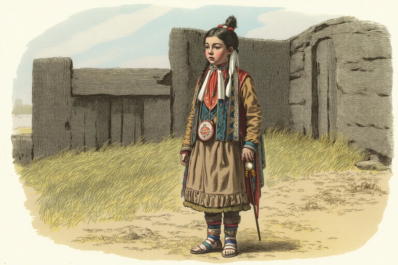 A young Indigenous girl in traditional dress standing near a wooden colonial fort, historical illustration style