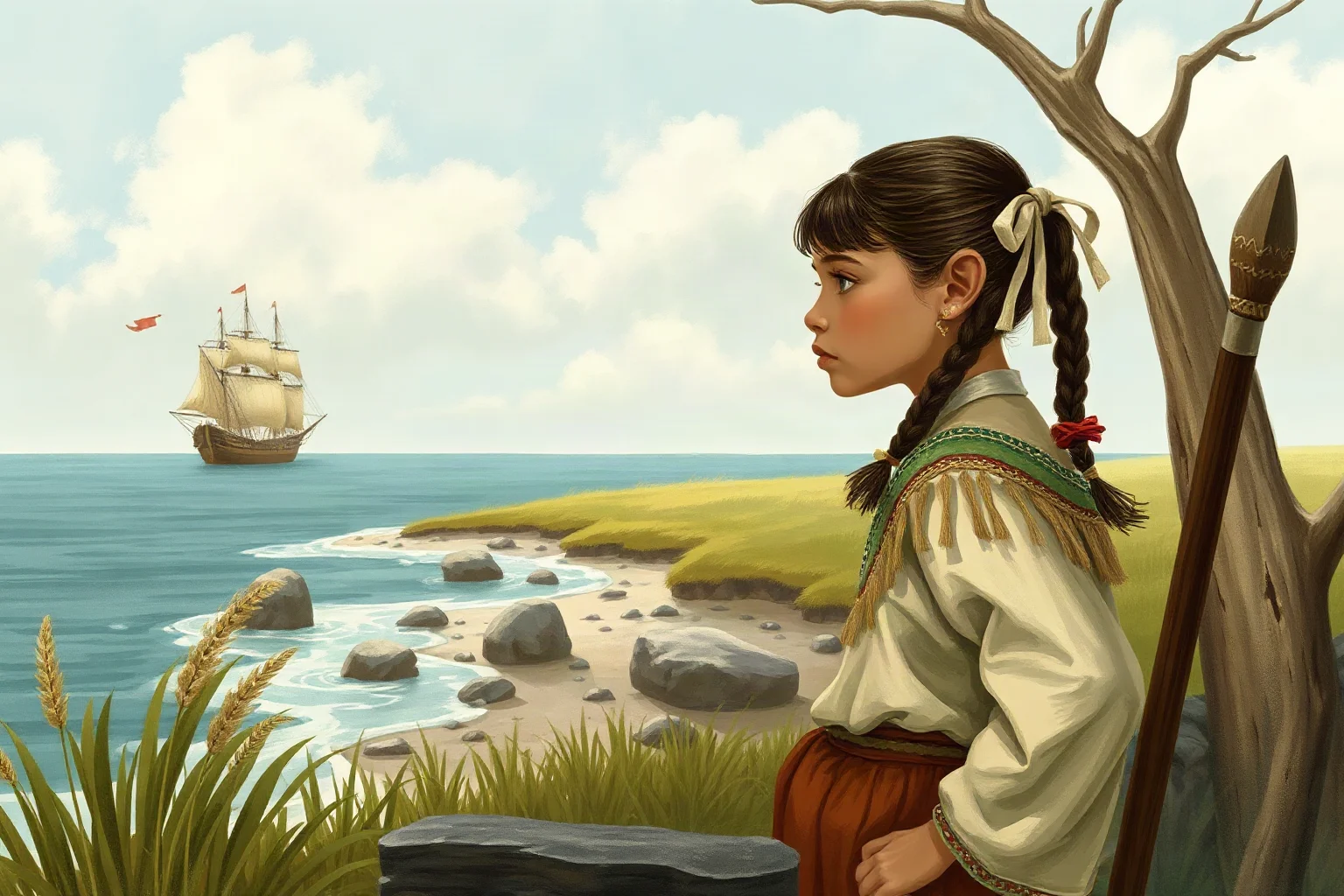 A young Indigenous girl in traditional Powhatan clothing observing a distant English ship arriving on the shore, historical illustration