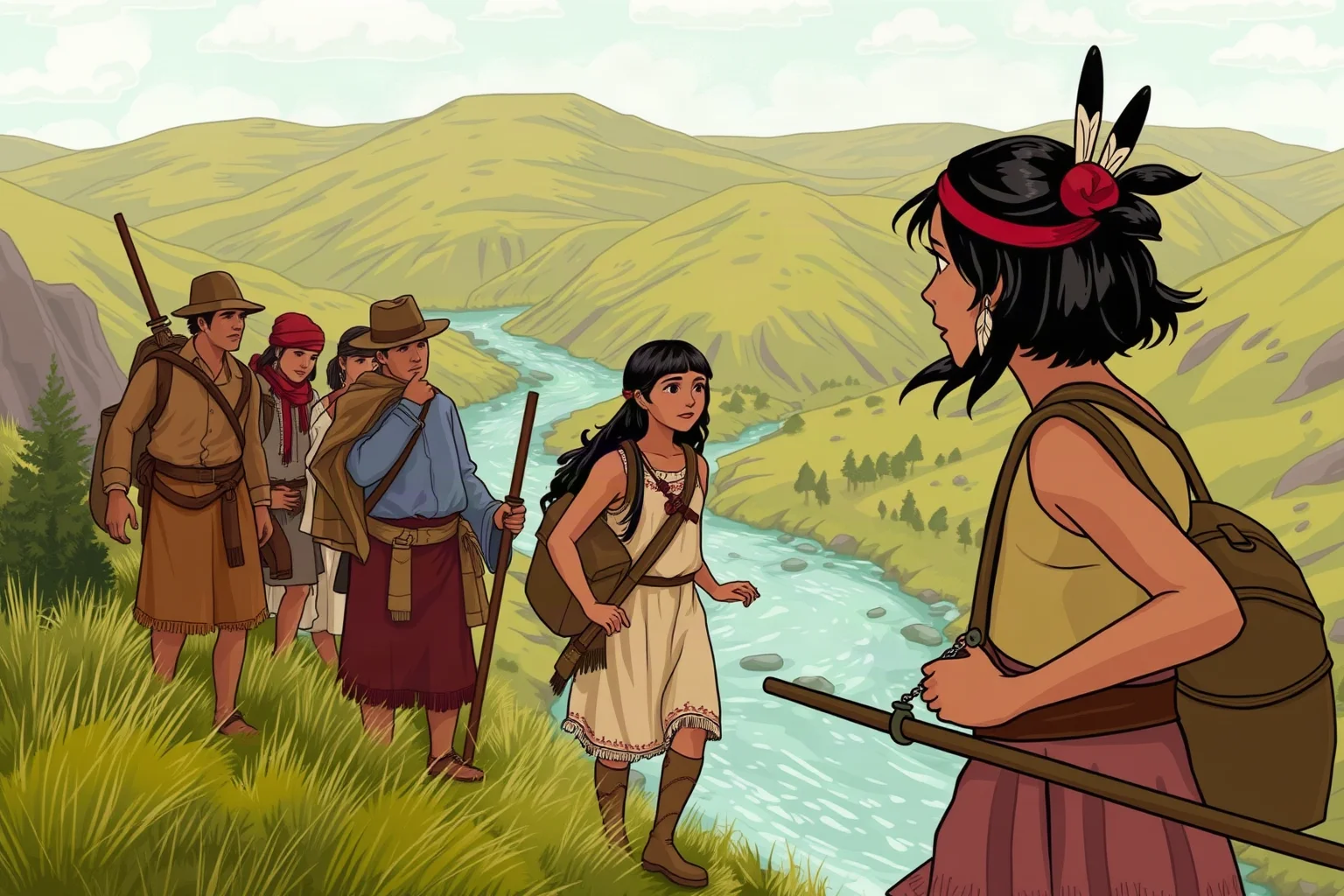 A young Indigenous woman guiding a group of explorers across a river valley, illustrated historical style