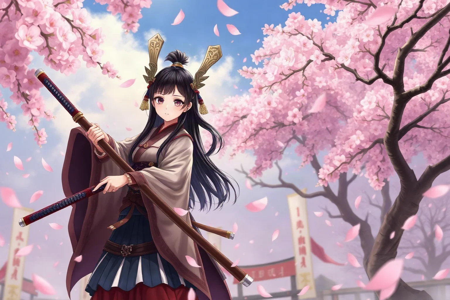 A young Japanese woman in samurai armor holding a naginata amid falling cherry blossoms on a battlefield, historical illustration