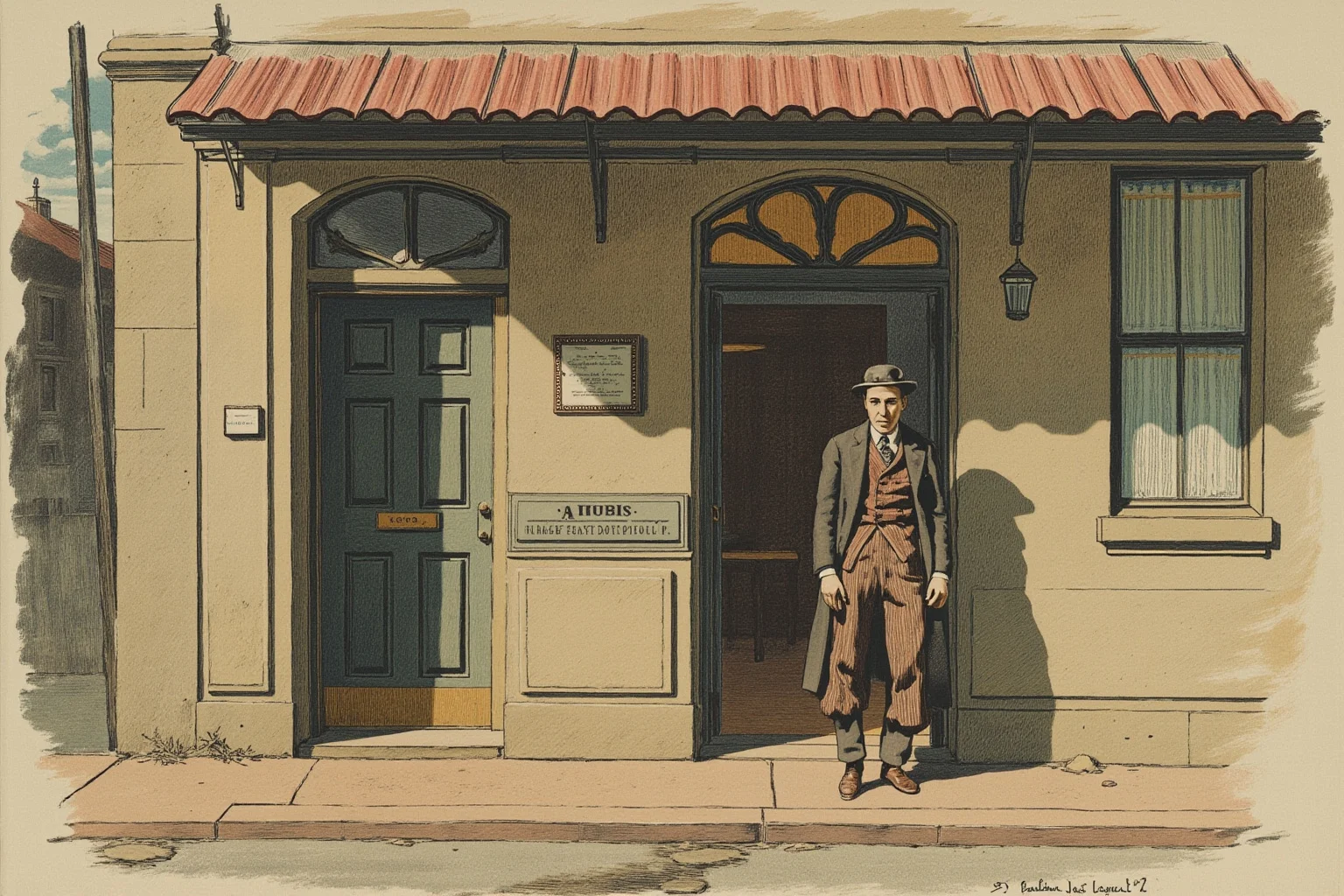 Great Leaders Who Rose From Obscurity 17 A young lawyer in early 20th-century South African attire standing outside a modest law office, illustration style