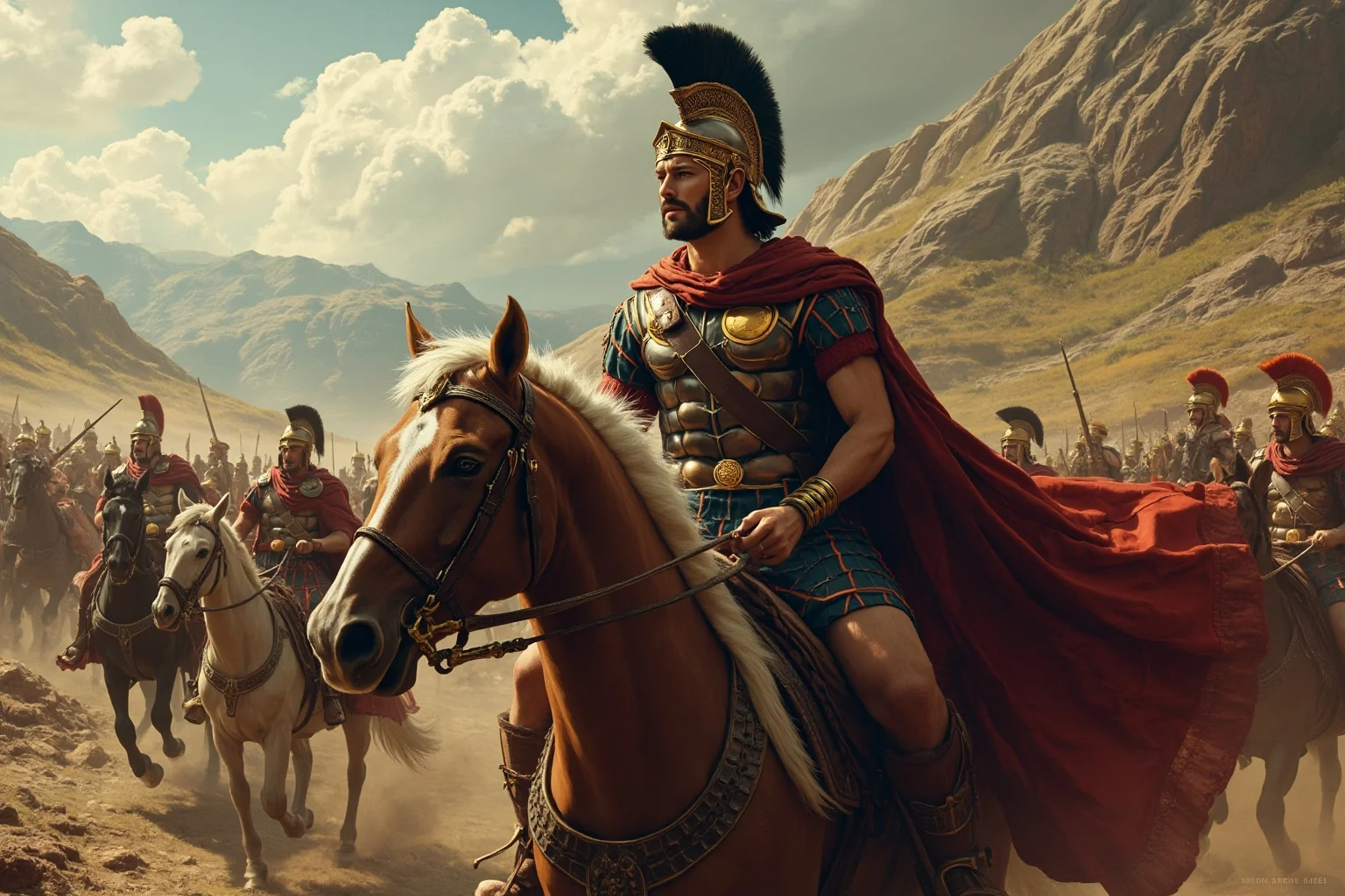 Most Interesting People in History: 22 Figures Who Shaped the World 14 A young Macedonian general in bronze armor on horseback leading troops across a mountain pass, epic painted style