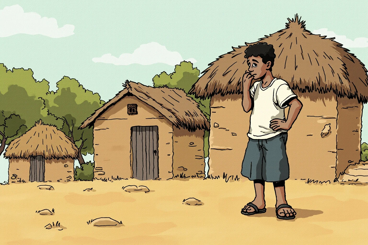 Great Leaders Who Rose From Obscurity 21 A young man from a rural South African village standing thoughtfully near traditional huts, illustration style