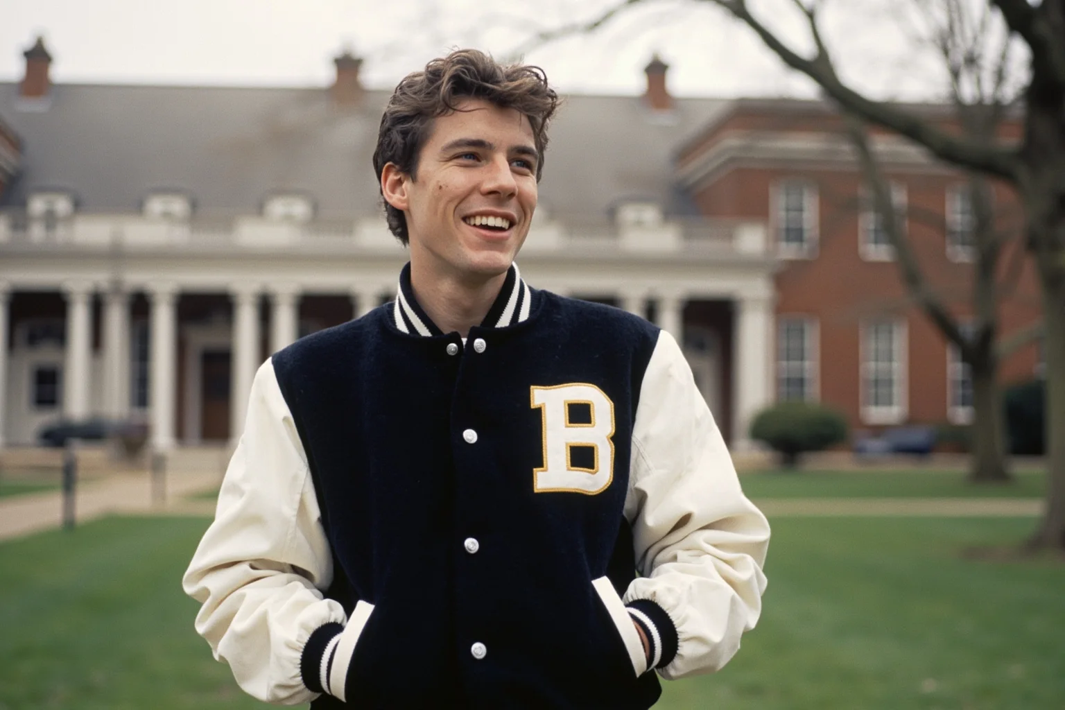 A young man in a letterman jacket standing confidently on a 1980s Ivy League campus quad