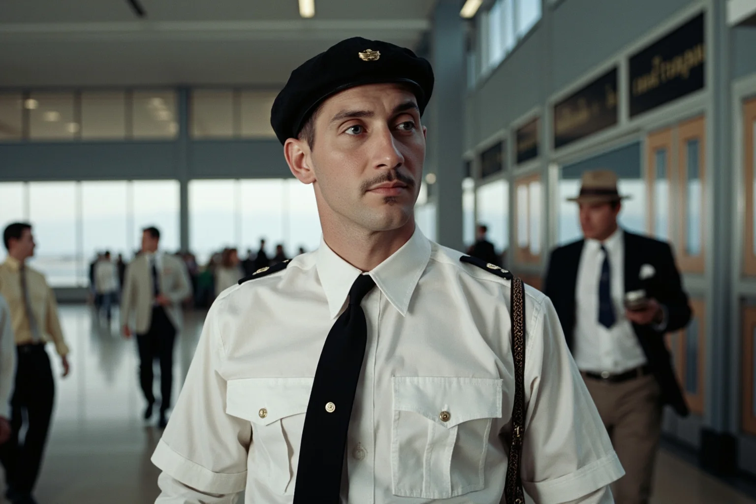 A young man in a pilot's uniform confidently walking through a 1960s airport terminal