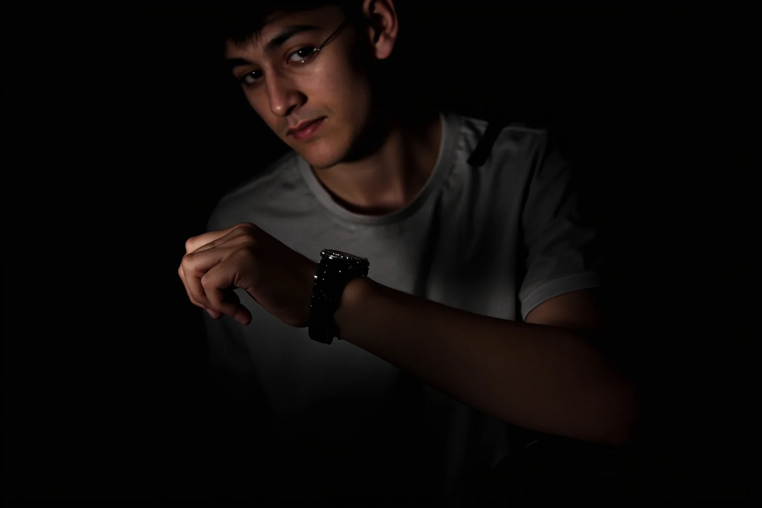 A young man looking at a wristwatch anxiously in a dim room, representing a participant motivated by outside concerns